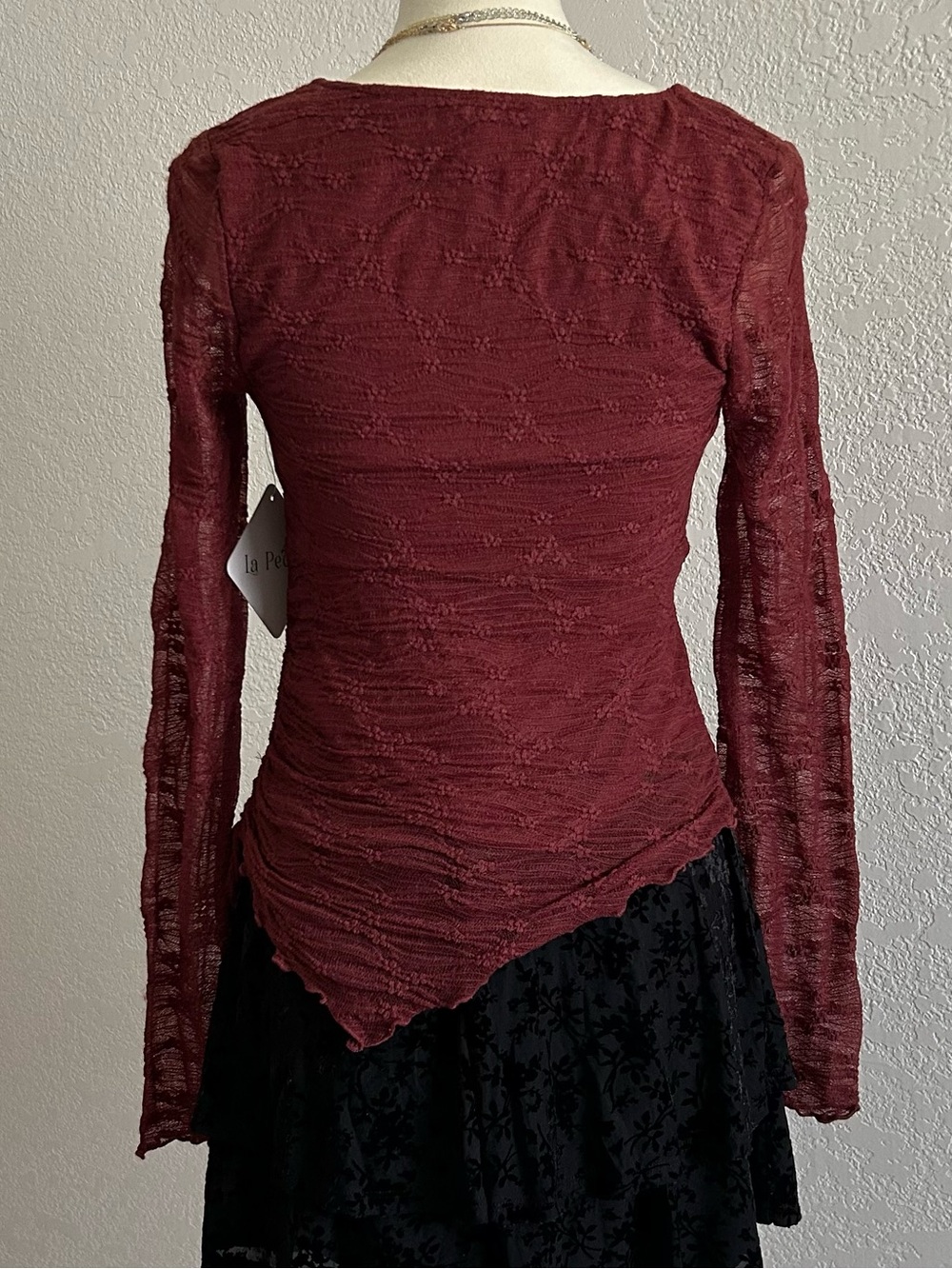 La Peche Whimsigoth Y2K Style Burgundy Asymmetrical Lace Long Sleeve Blouse Top - Picture 7 of 8
